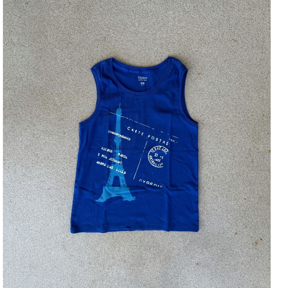 Hanes Perfect Tank Top Kids Medium - Blue Eiffel Tower Graphic Tee